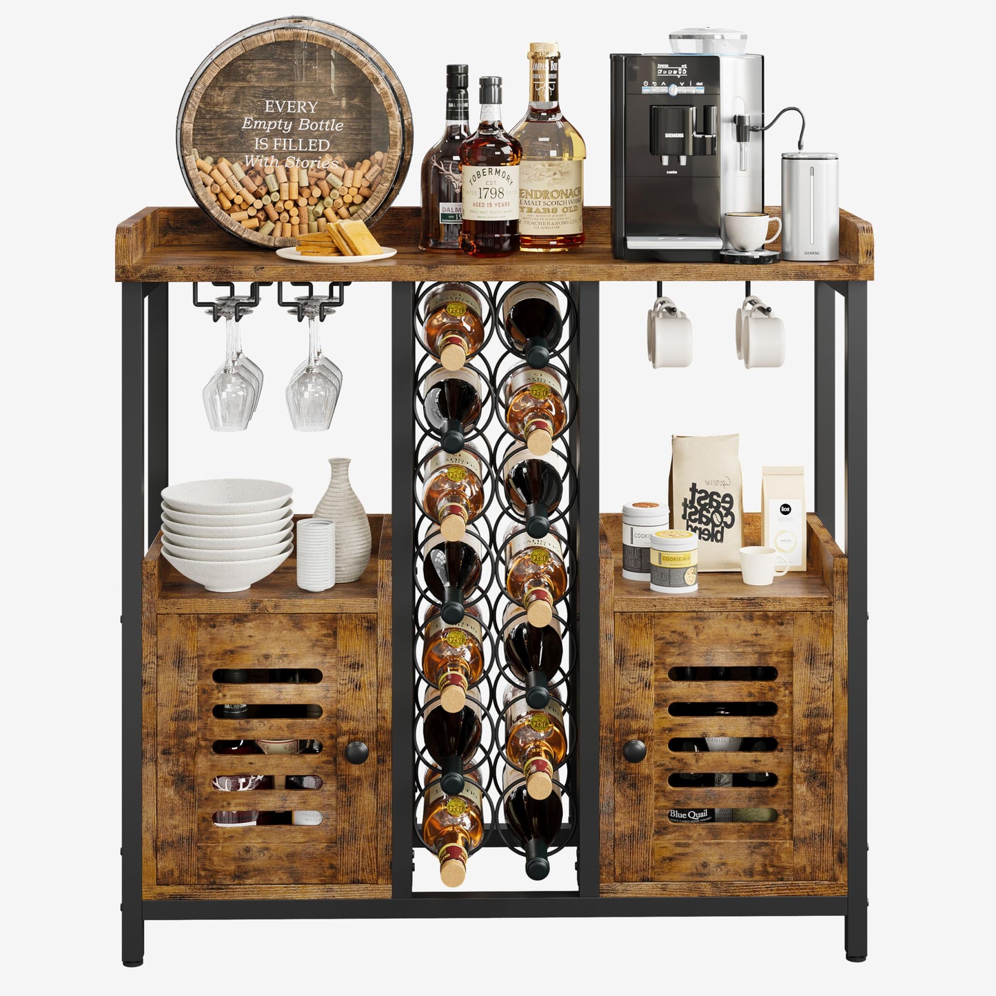 IRONCK Wine Bar Cabinet, Liquor Cabinet Bar with Storage, Small Bar Cabinet with Wine Glass Holder, Industrial Coffee Bar for Home, Kitchen, Dining Room