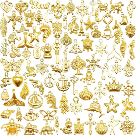 Julie Wang 200PCS Assortment Bulk Gold Charms Mixed Golden Pendants for Bracelet Necklace Jewelry Making Crafts DIY Supplies 5-30mm