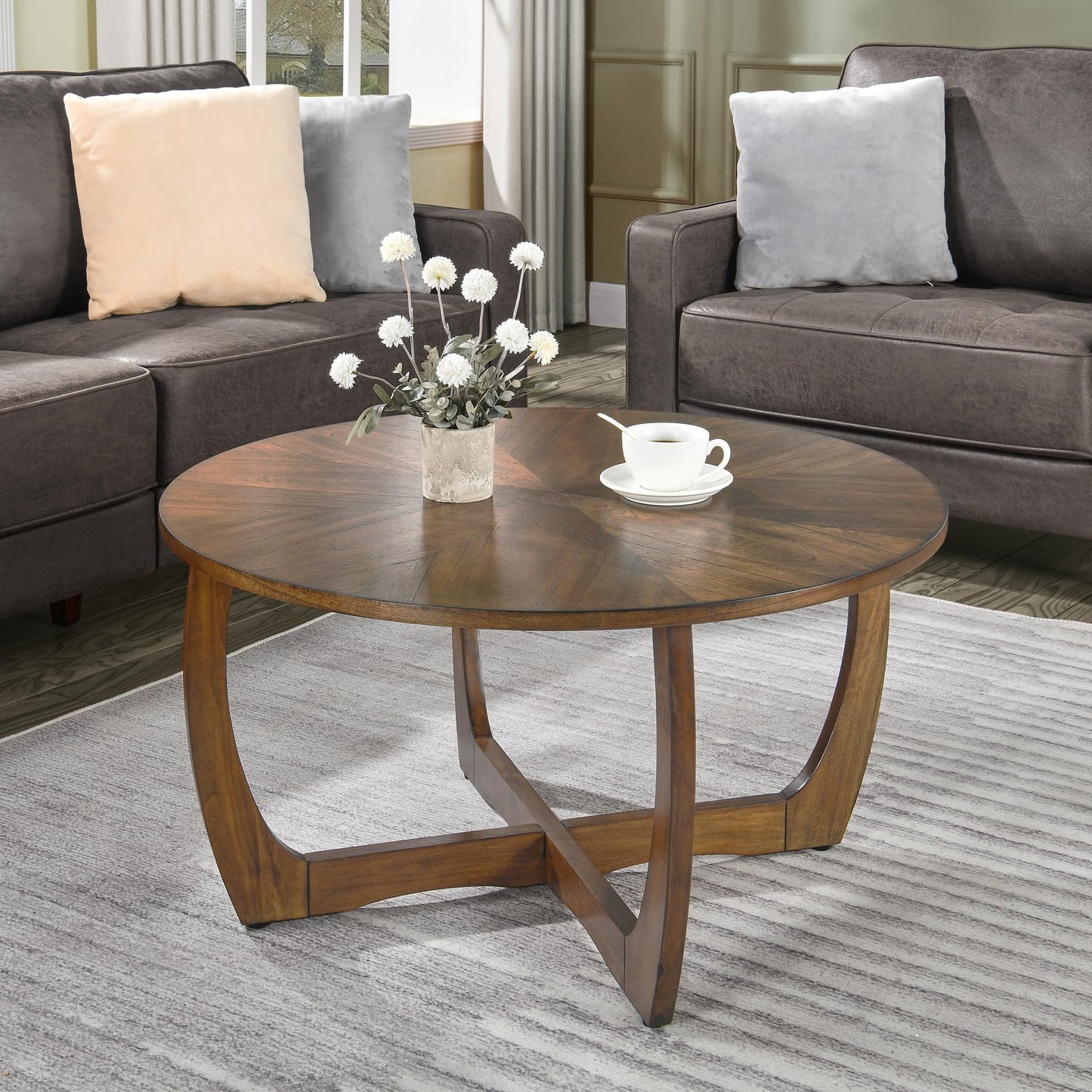 LEEMTORIG Round Wood Coffee Table, Mid Century Modern Round Walnut Coffee Tables for Living Room, 33.5" Dia. Circle Drum Coffee Table with Cross Legs, Easy Assembly, Brown Walnut KFZ-3223