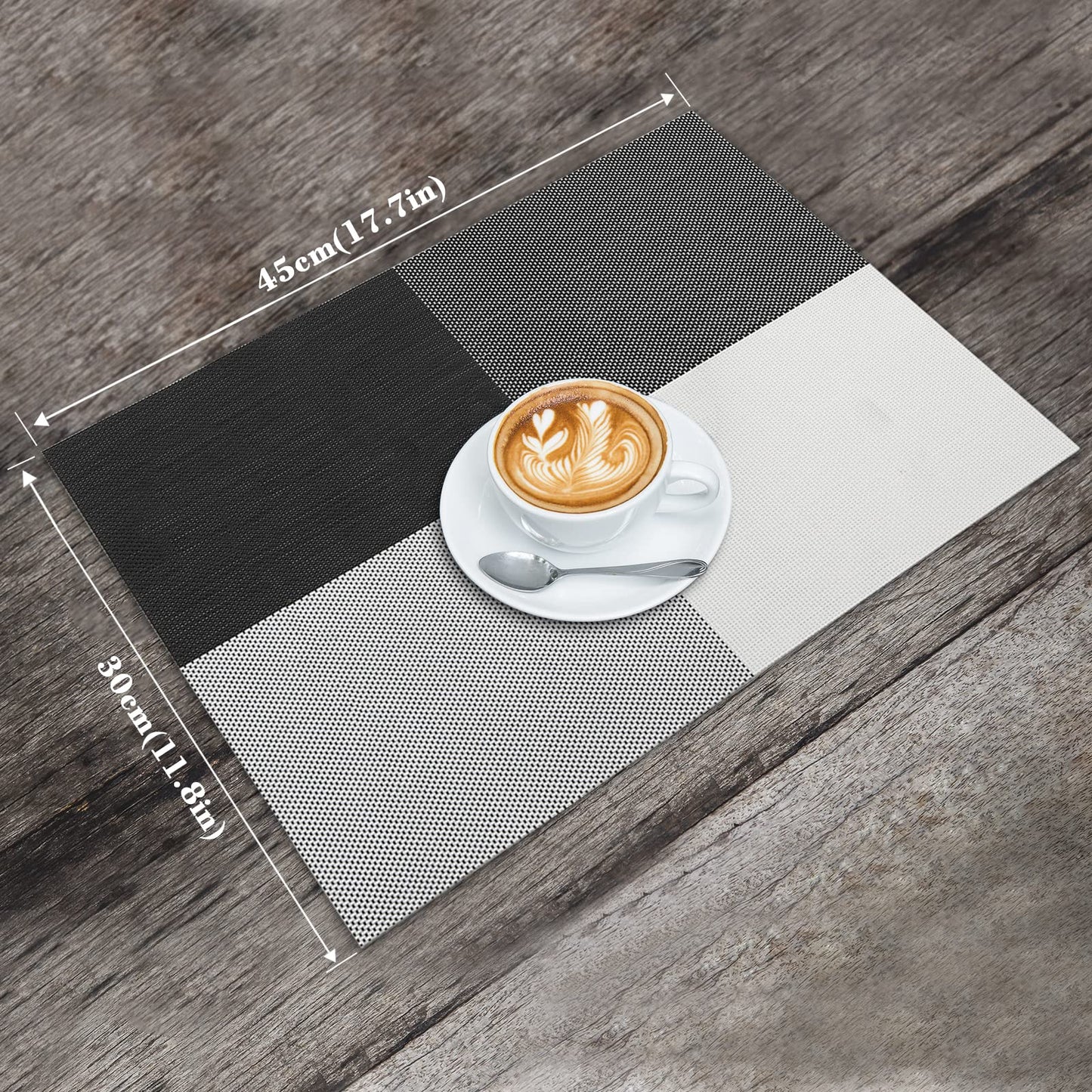 HeloHo Placemats Set of 6 Black and White Placemats Heat-Resistant Washable Vinyl Woven Table Mats Wipeable Placemat for Kitchen Dining Table Decoration Indoor Outdoor