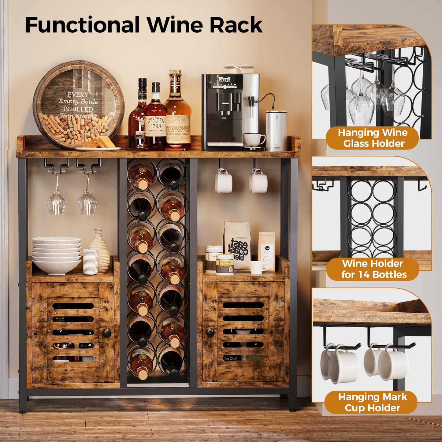 IRONCK Wine Bar Cabinet, Liquor Cabinet Bar with Storage, Small Bar Cabinet with Wine Glass Holder, Industrial Coffee Bar for Home, Kitchen, Dining Room