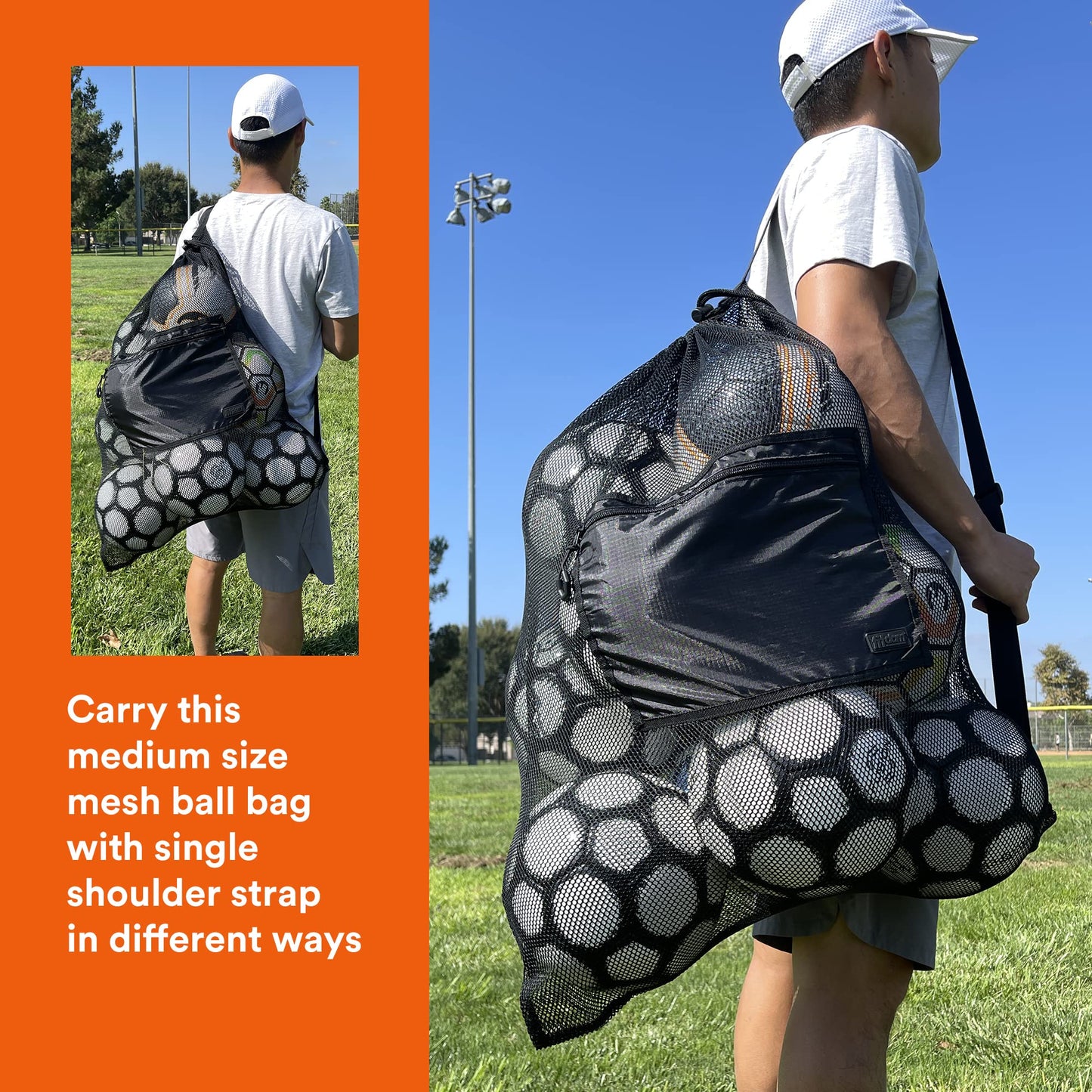 Fitdom Extra Large Heavy Duty Mesh Bag. Best for Soccer Ball, Water Sports, Beach Cloth, Swimming Gears. Adjustable Shoulder Strap. Secure Side Pocket