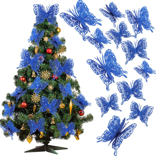 Jutom 24 Pcs Christmas Tree Butterfly Decorations 3 Sizes Xmas Glitter Hollow Butterfly Ornaments 3D Hanging Butterfly Wall Decor with Clips and Stems for Christmas Tree Decor (Royal Blue)