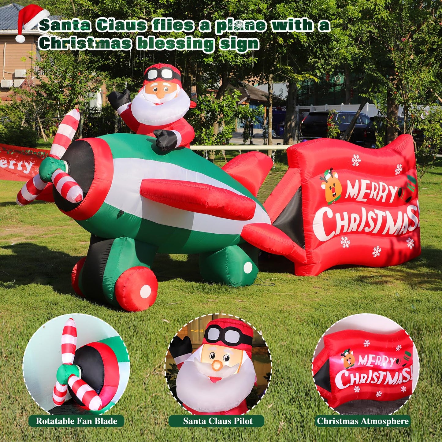 10.5 FT Christmas Inflatables Santa Claus on Animated Helicopter, Blow Up Santa Flying Airplane with Wishes, Giant Lighted Inflatable Outdoor Decorations for Xmas Yard Holiday Party Garden Lawn Decor