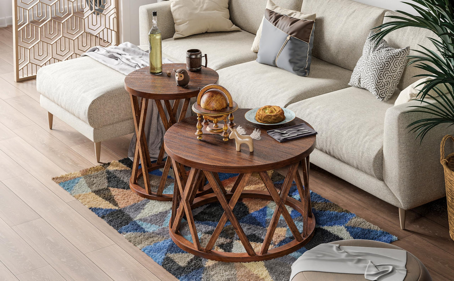 COZAYH Rustic Farmhouse Coffee Table, Round Coffee Table with X-Motifs Legs, Wood Textured Top, for Boho, French Country Decor, Brown