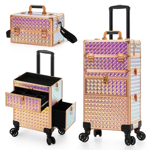 AROUS Rolling Makeup Train Case on 2 Large Drawer, Multi-functional Cosmetic Trolley with 360° Swivel Wheels Keys, Large Storage Traveling Cart Trunk, Train Cases for Nail Technicians Hairstylist