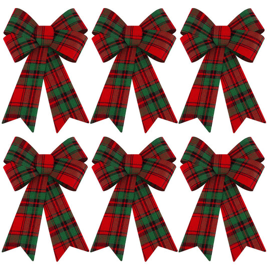 Aneco 6 Pack Red and Green Buffalo Plaid Christmas Wreaths Velvet Bows for Indoor and Outdoor Decorations