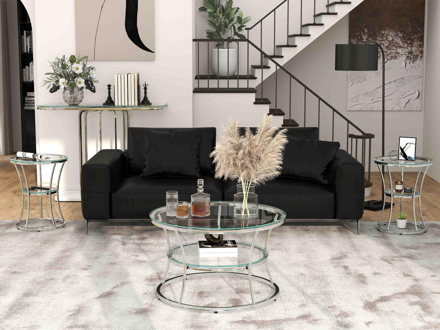 O&K FURNITURE Glass Coffee Table, 2-Tier Modern Living Room Table with Shelf, Tempered Glass & Chrome Frame, Silver Center Table for Living Room & Office, Chrome Finish, 1 PC