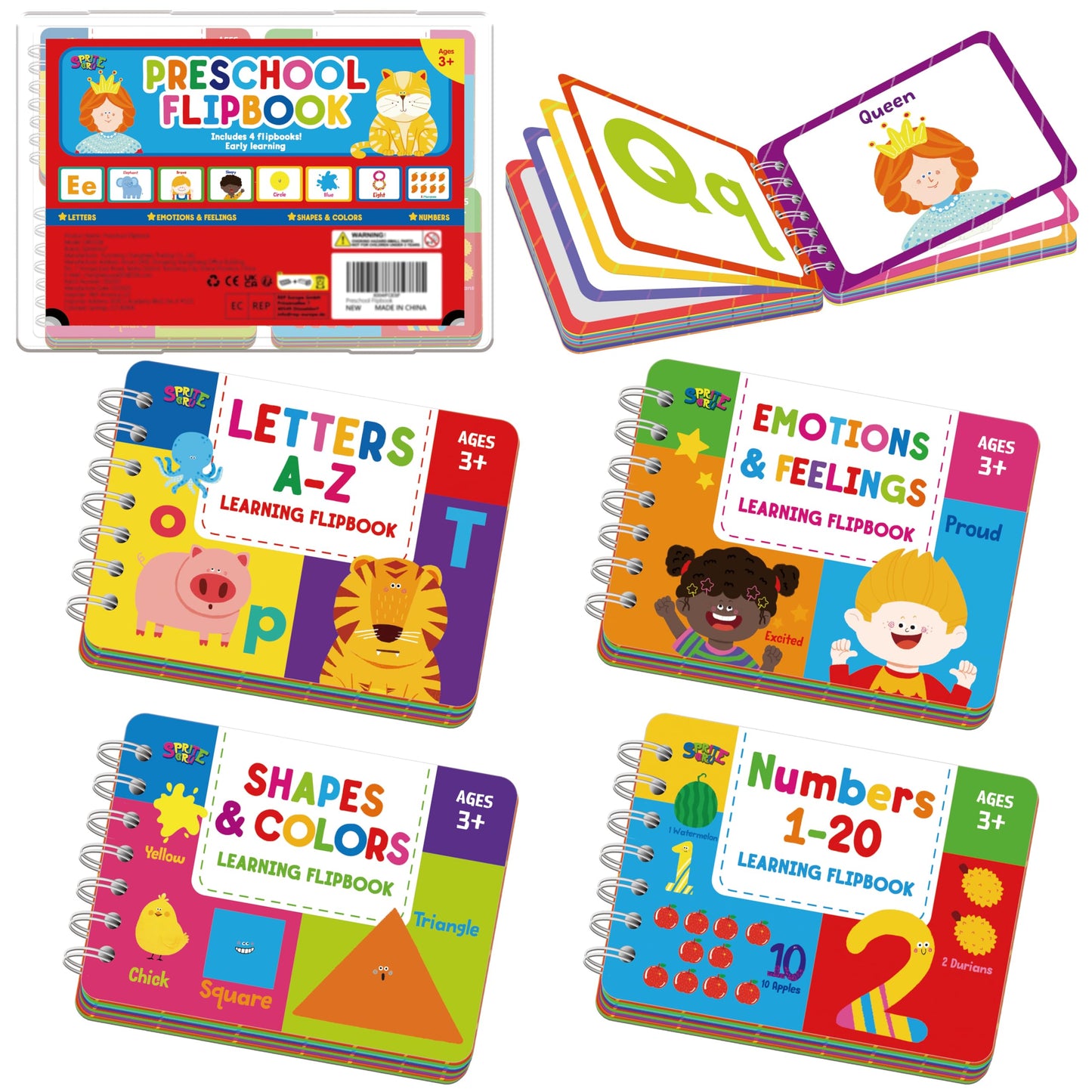 4 Preschool Learning Flipbooks, 96PCS Double Sided Printed Cards Set, Alphabet Letter A-Z, Number 1-20, Feelings and Emotions, Shapes and Colors Mini Board Books Set Early Educational Tool for Kids