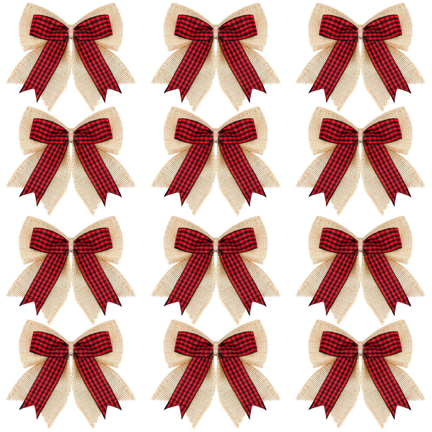 Syhood 12 Pieces Burlap Bows 4.8 x 4.8 Inches for Christmas Tree - Double Layer Plaid Wreath Decorative for Christmas Decorate Tree Festival Holiday Party Supplies (Red and Black)