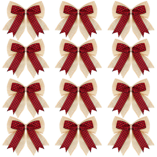 Syhood 12 Pieces Burlap Bows 4.8 x 4.8 Inches for Christmas Tree - Double Layer Plaid Wreath Decorative for Christmas Decorate Tree Festival Holiday Party Supplies (Red and Black)