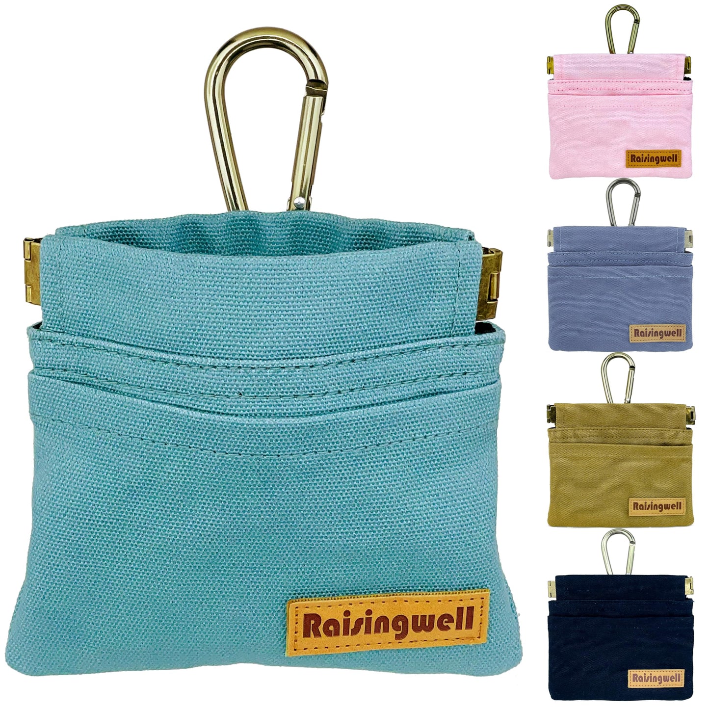 Raisingwell Dog Treat Pouch, Green Pocket Sized Pet Training Pouch, Cotton Fabric, Hand Free Dog Walking Bag with Carabiner, Self-Closing Pet Feed Snack Reward, for Puppy Travel or Outdoor Use