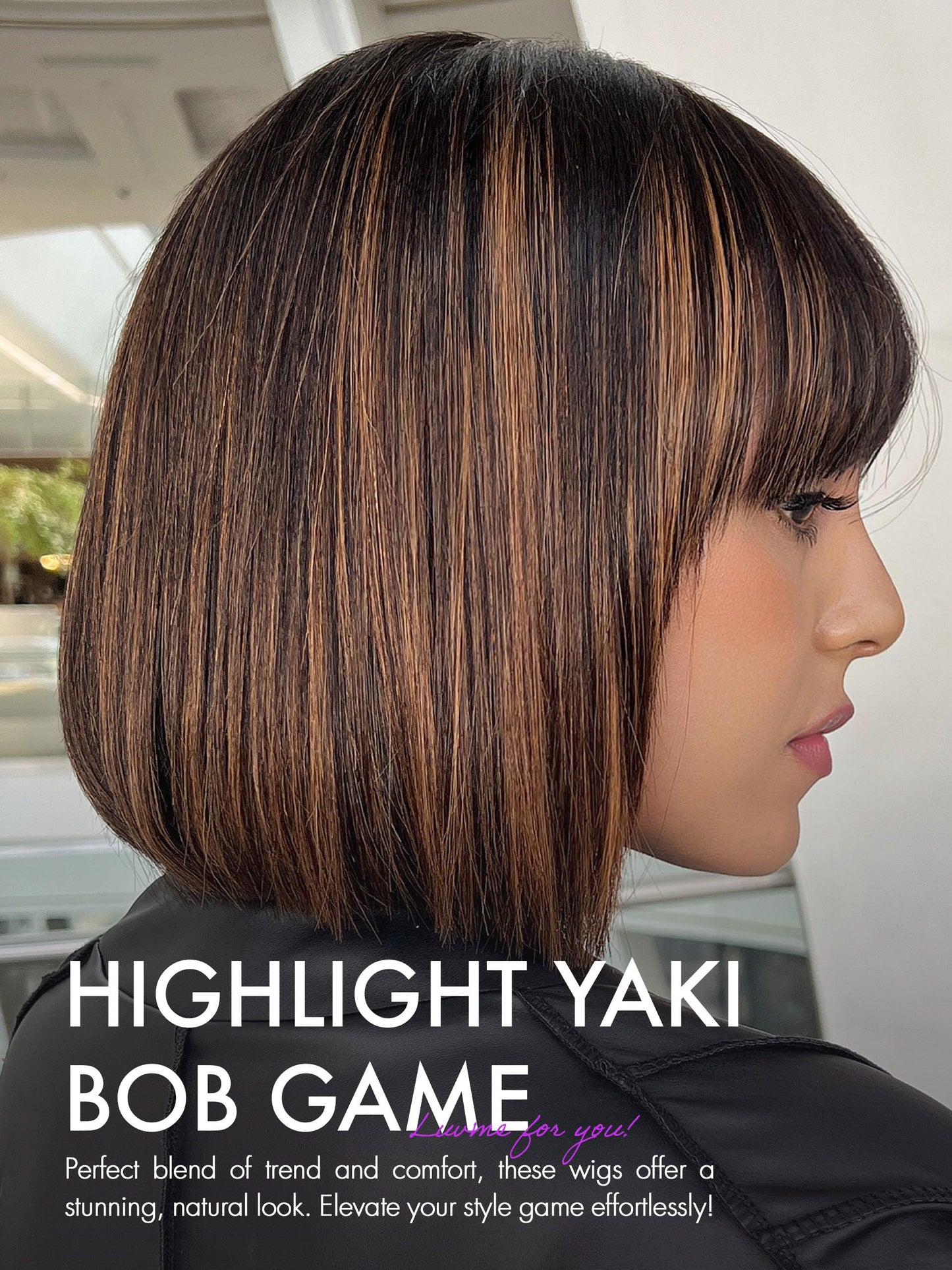 LUVME HAIR 10 Inch Yaki Straight Bob Wig with Bangs Human Hair Glueless HD Lace Bob Wig with Brown Highlights, Ready to Go Short Wigs For Women 180 Density (Breathable Cap)