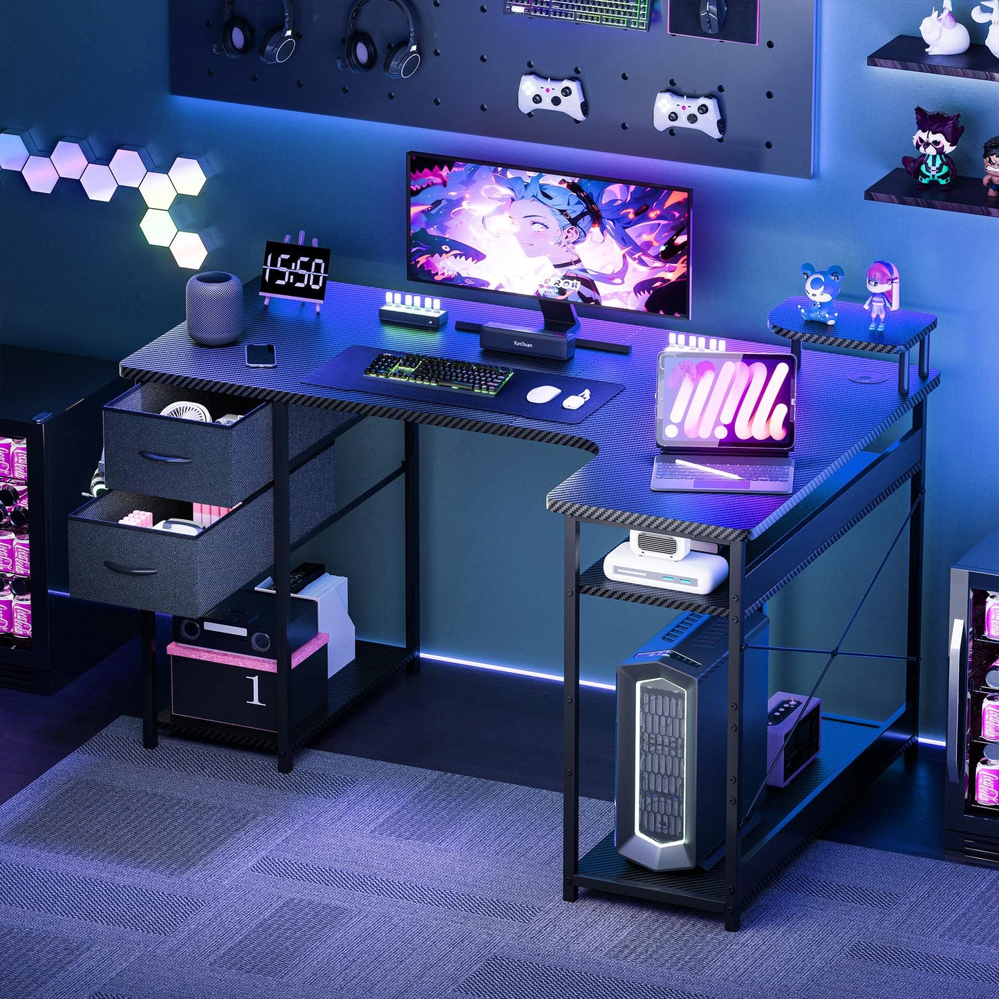 GTPLAYER L Shaped Gaming Desk, Carbon Fiber Style Computer Desk with Monitor Shelf and Hook, Black Small L Shape Desk with Adjustable Open Storage Shelf, Corner PC Table for Small Space Home Office