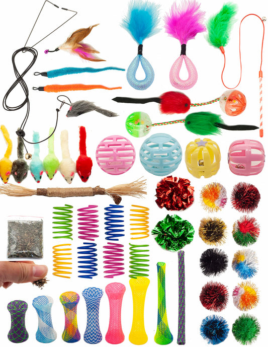 Fashion's Talk Cat Toys 50 Pcs for Indoor Cats,Interactive Door Hanging Mice Feather Toy Cat Spring Toy Cat Wand Catnip Crinkle Balls Silvervine Sticks Balls Kitten Toys Bulk