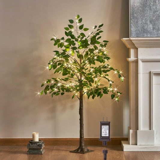 LITBLOOM Artificial Ficus Tree with Lights 4FT 140 LED Fairy Lights, Lighted Greenery Tree for Home Living Room Decoration