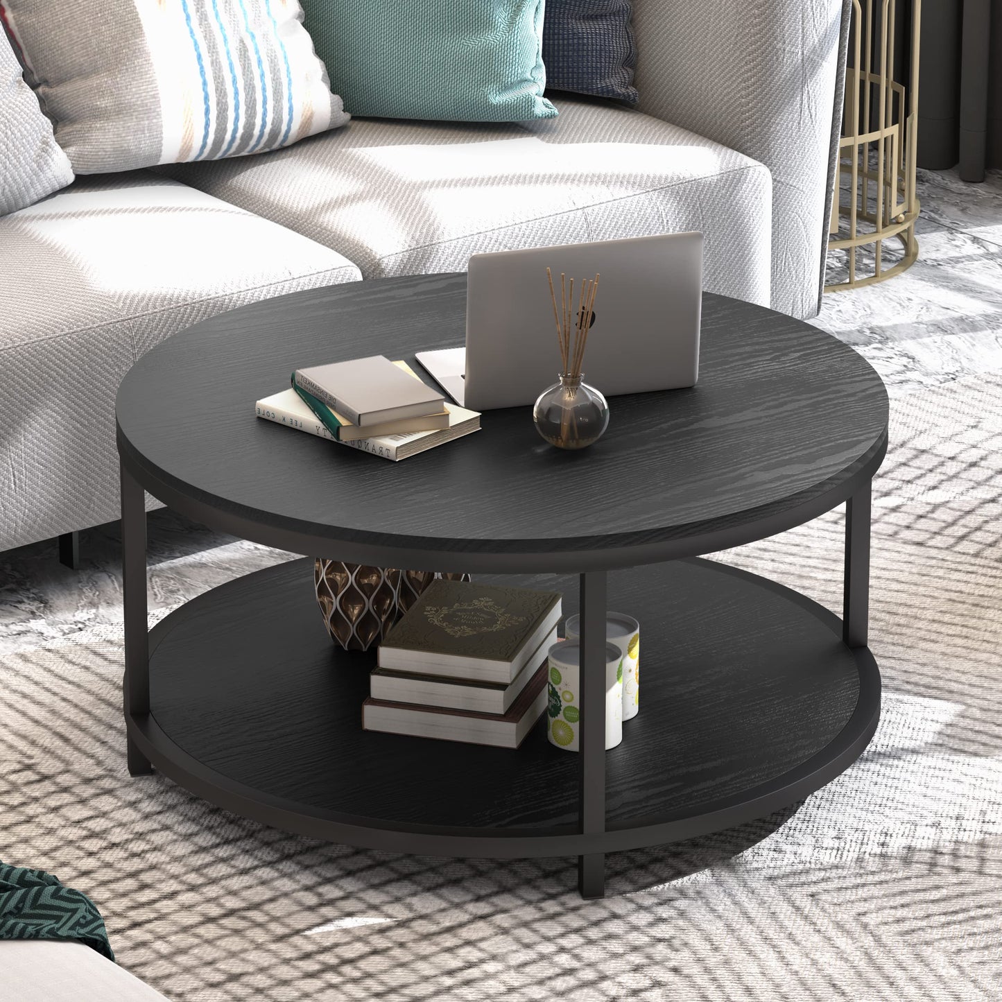 WiberWi Round Coffee Table Black 35.8" Circle Coffee Tables for Living Room Rustic Industrial Design with Sturdy Metal Frame Legs and Open Storage Shelf, Easy Assembly
