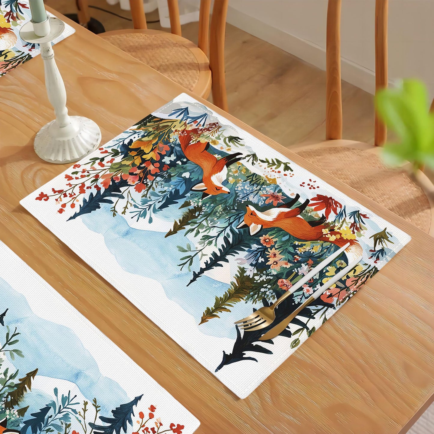 Fox Animal Placemats Set of 4 Winter Forest Landscape Fox Place Mat Machine Washable Place Mats for Dinner Table Mats 4 PCS