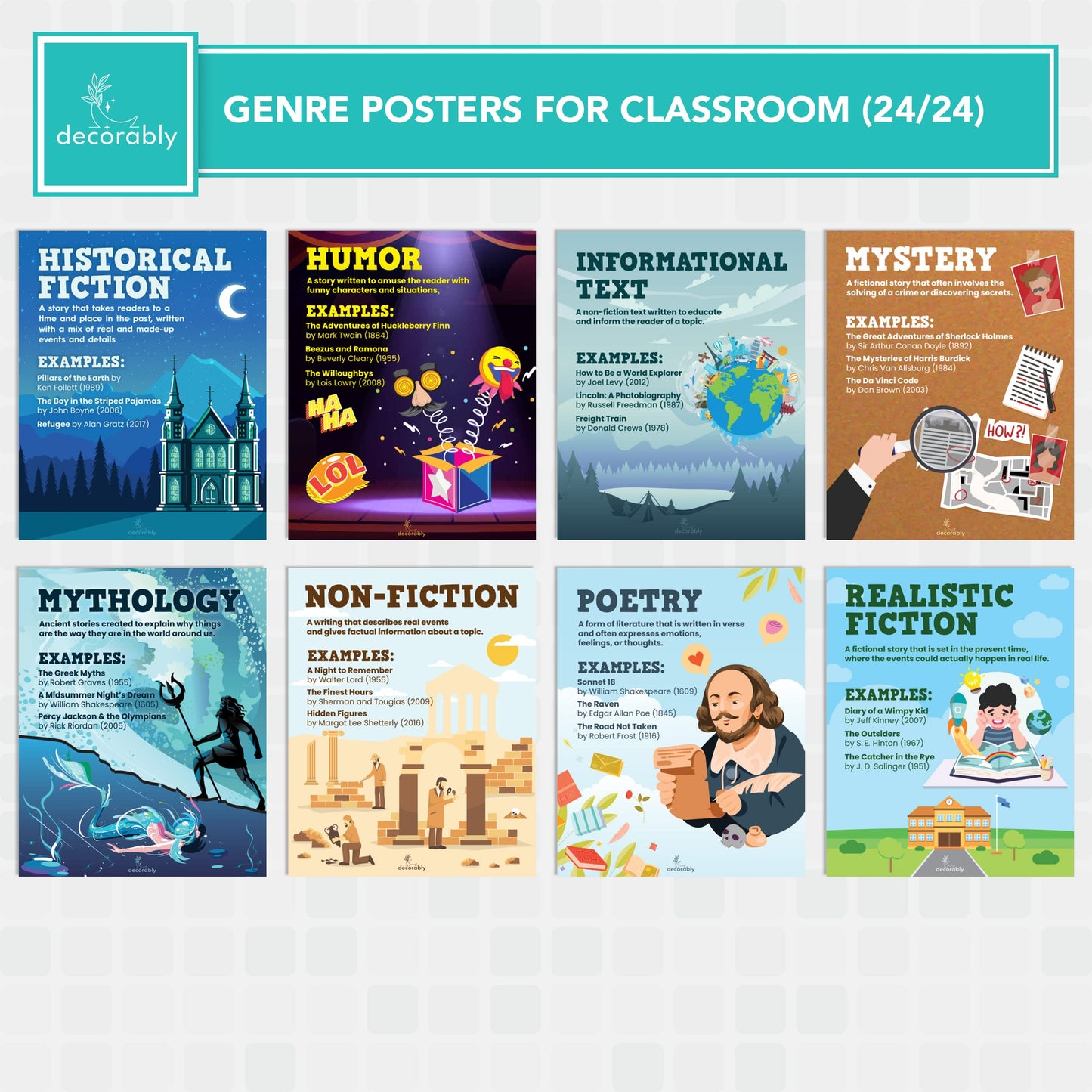 Decorably 24 Reading Classroom Posters, 8x10in Matte-Laminated Educational Book Genre Signs for English Classroom