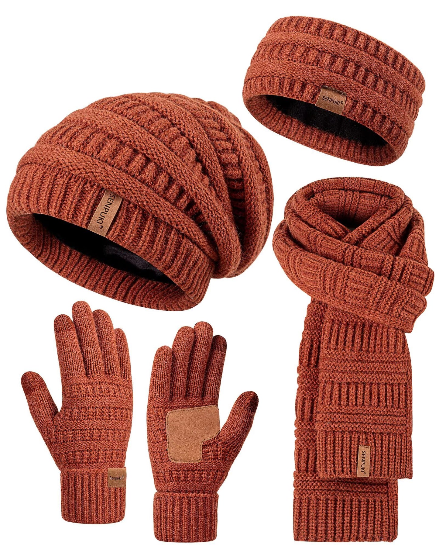 Womens Winter Beanie Hat Scarf Gloves Headband Set, Slouchy Beanie Ear Warmer Knit Scarf Touchscreen Gloves Warm 4 Gift Set