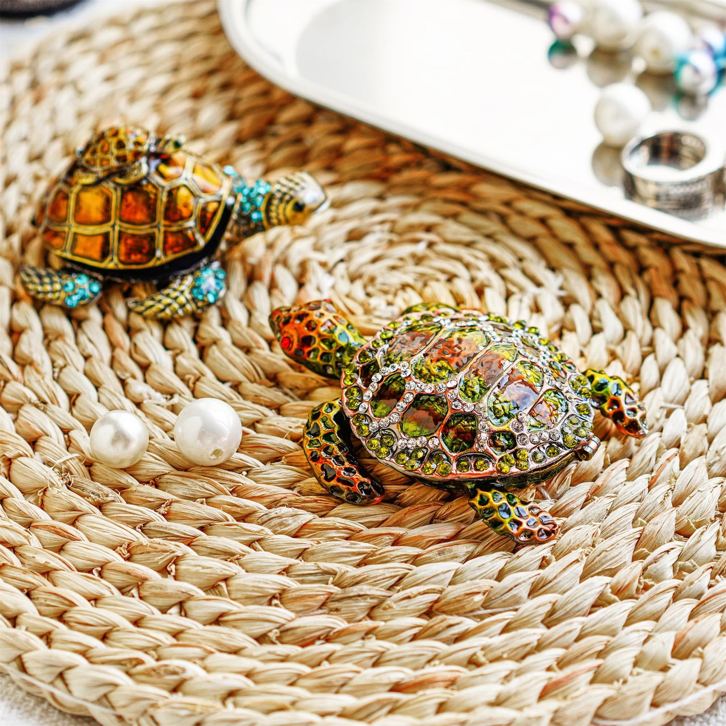 YU FENG Small Turtle Trinket Jewelry Box Hinged Rhinestones Jeweled Painted Enameled Sea Turtle Animal Figurines Collectible
