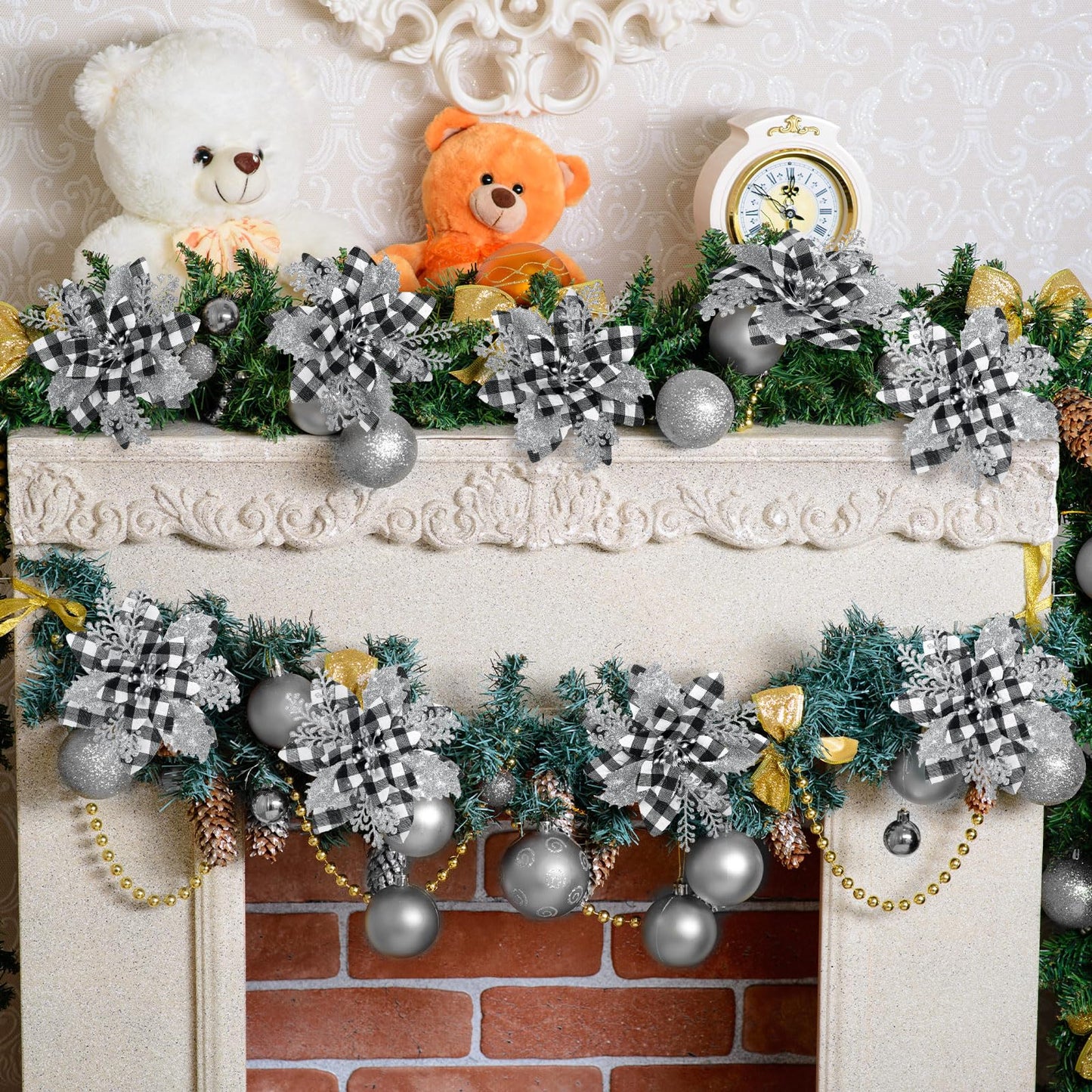 Canlierr 5.7 Inch Artificial Poinsettias Christmas Glitter Flowers with Clips Xmas Tree Flower Ornament Poinsettias Decor (Black and White Buffalo with Silver Petals,24 Pieces)