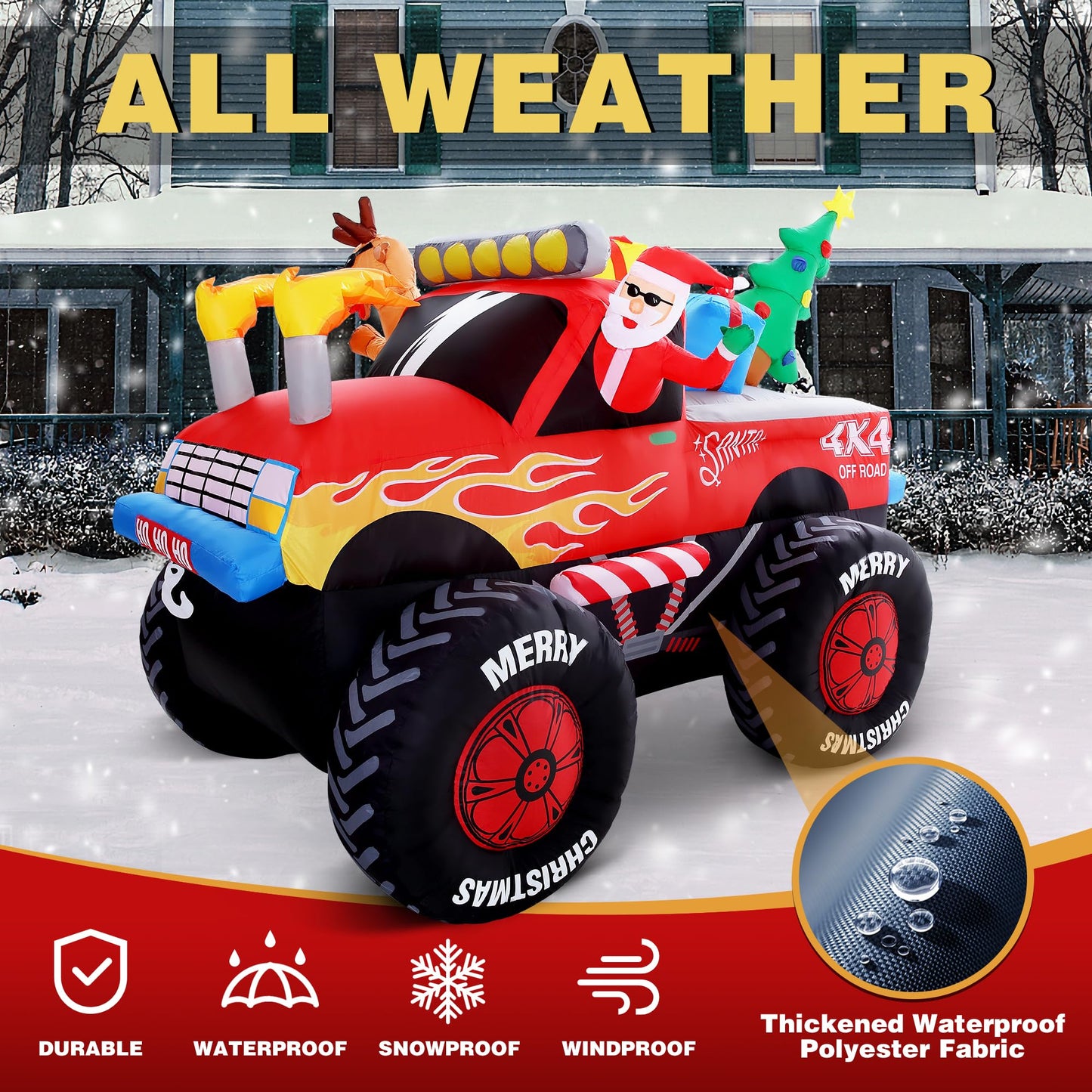 8 FT Long Santa in Monster Truck Christmas Inflatables Outdoor Decorations, Christmas Blow Up Santa Claus Yard Decorations for Garden Lawn Xmas Decor