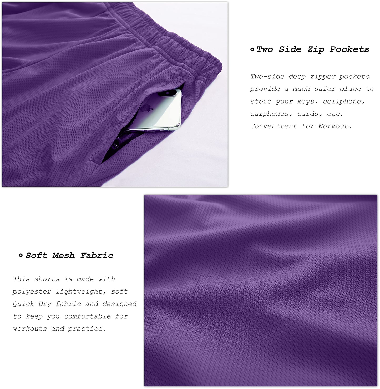 Men's 7" Workout Running Shorts Quick Dry Lightweight Gym Shorts with Zip Pockets (Purple,Large)