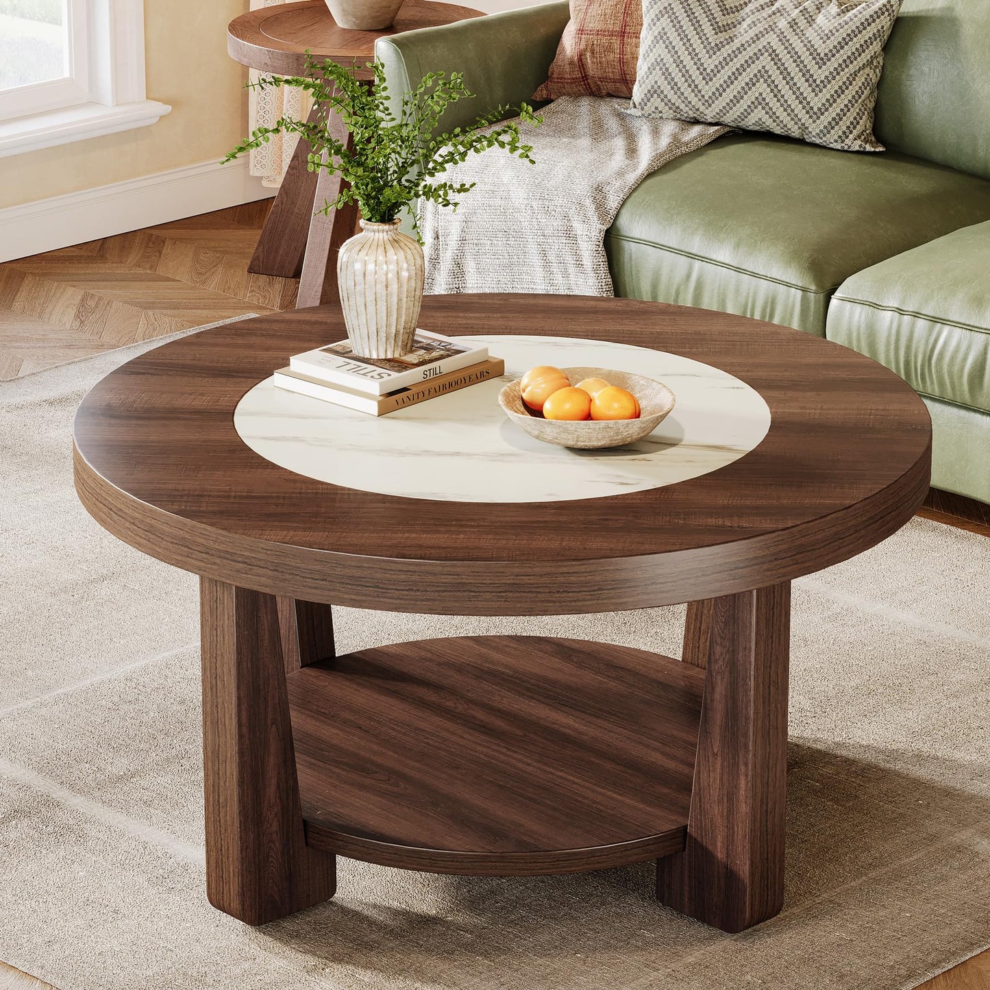 Tribesigns Coffee Table, 2-Tier Round Coffee Table with Heavy-Duty Wood Tabletop for Living Room, Industrial Circle Wood Accent Center Table with Storage, Brown and White