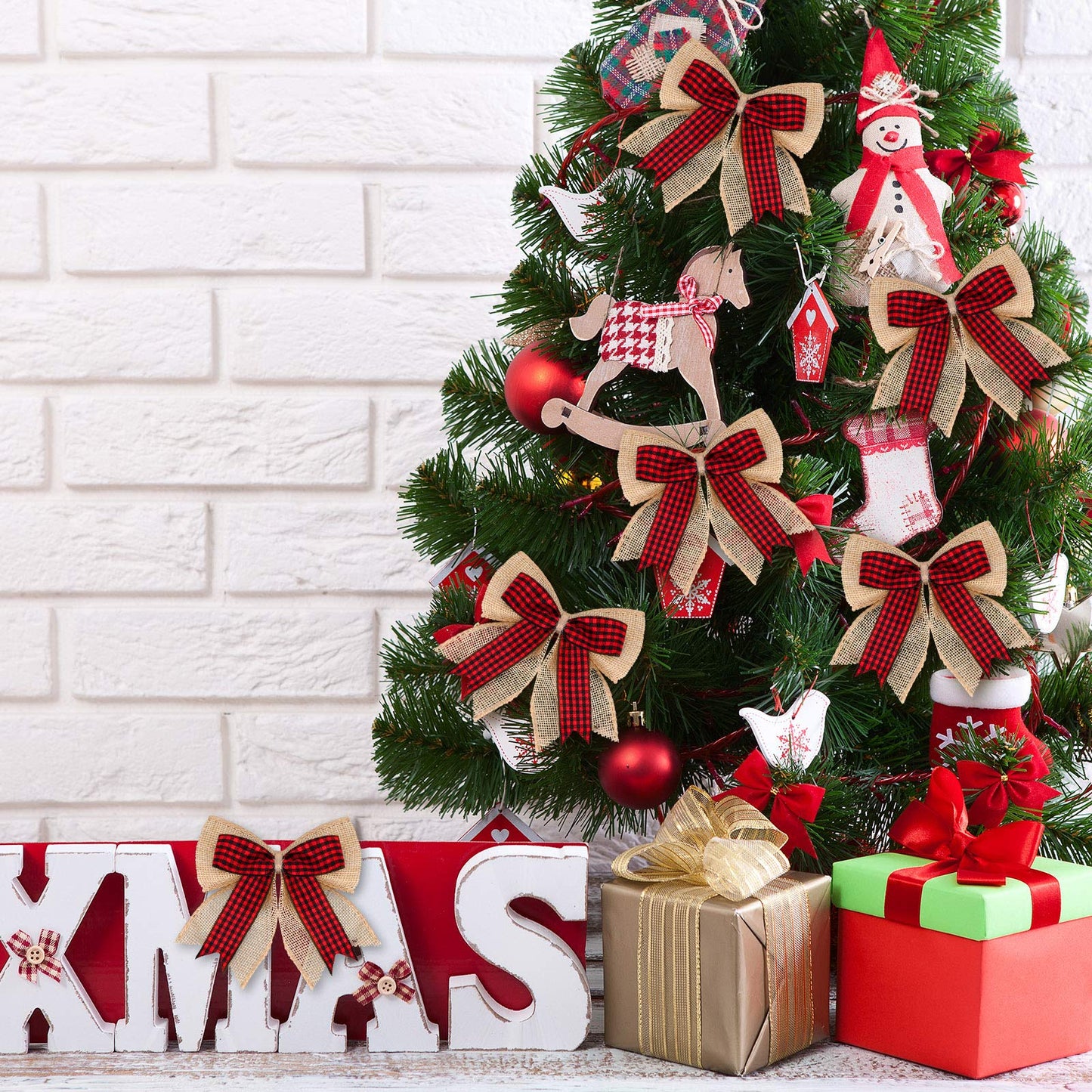 Syhood 12 Pieces Burlap Bows 4.8 x 4.8 Inches for Christmas Tree - Double Layer Plaid Wreath Decorative for Christmas Decorate Tree Festival Holiday Party Supplies (Red and Black)