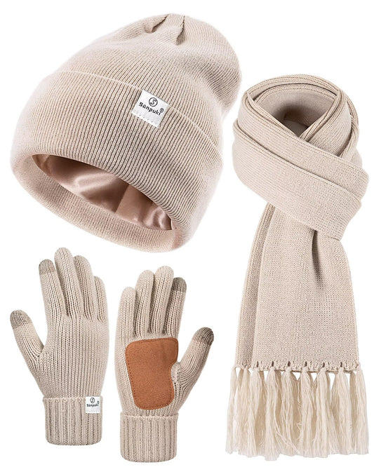 Womens Satin Lined Beanie Scarf Gloves Set, Silk Lined Winter Hats Knit Scarf Touchscreen Gloves, 3 Fashionable Warm Gift Set