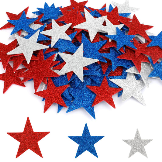 Star Stickers, 100 PCS 4th of July Foam Stickers, Patriotic Sticker for Kids Crafts, Self Adhesive Glitter Star Shaped Red Blue and Silver Foam Sticker for Independence Day Arts Crafts DIY Supplies