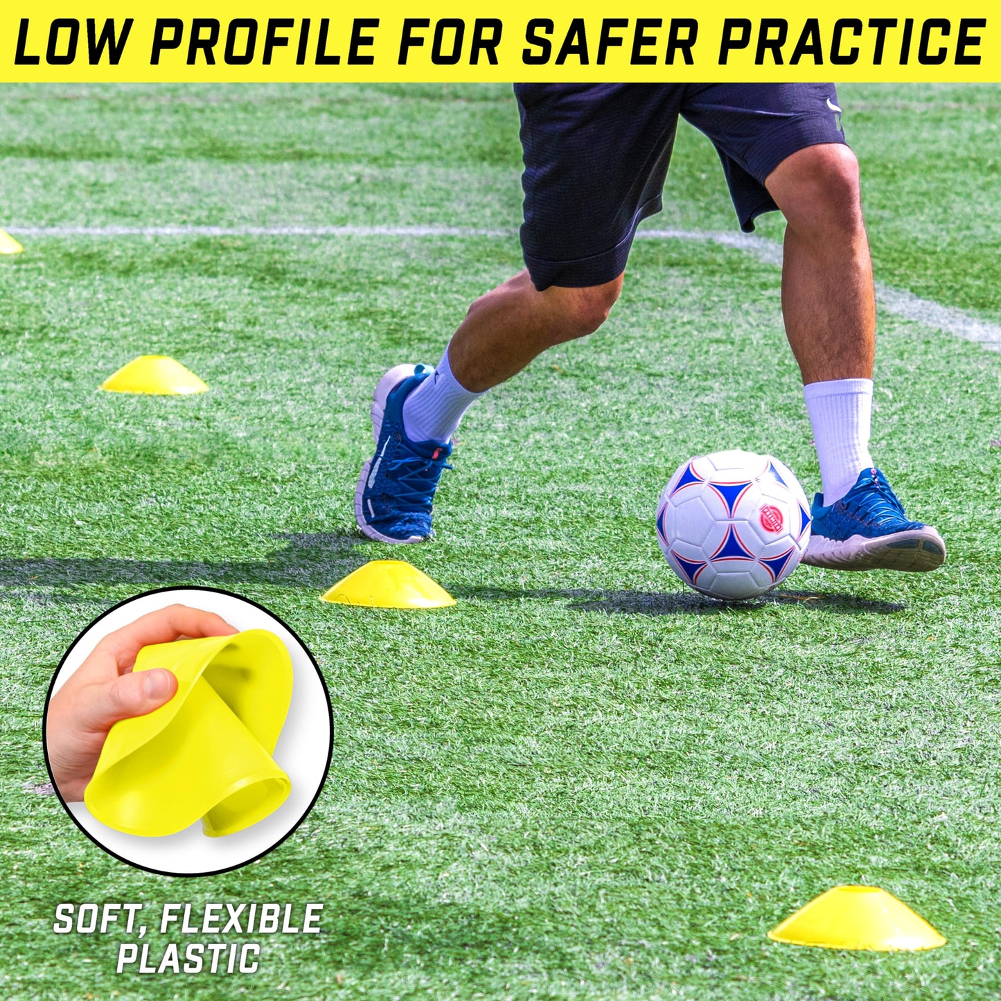 GoSports Premium Sports Cones for Agility Training and Drills - 20 Pack with Tote - Yellow