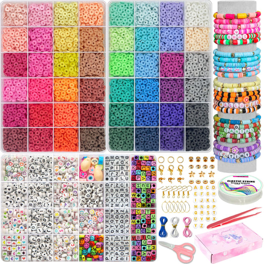 YMSDZHL 6000+PCS Clay Beads Bracelet Making Kit,24 Color DIY Flat Preppy Beads for Friendship Jewelry Making,Polymer Heishi Beads with Charms Gifts for Teen Girls Crafts for Ages 4-12