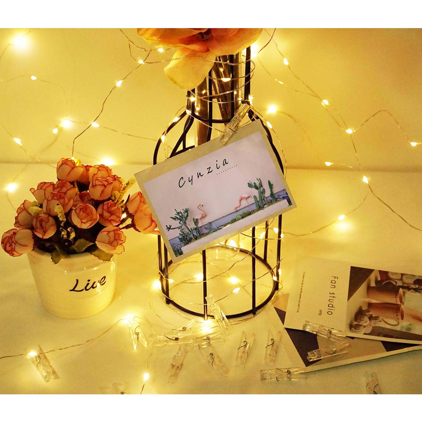 Cynzia Photo Clip String Lights Battery Powered, 100 LED Fairy String Lights with 50 Clear Clips, Silver Wire String Lights for Pictures Hanging Photo Wall Wedding Party Christmas Decor