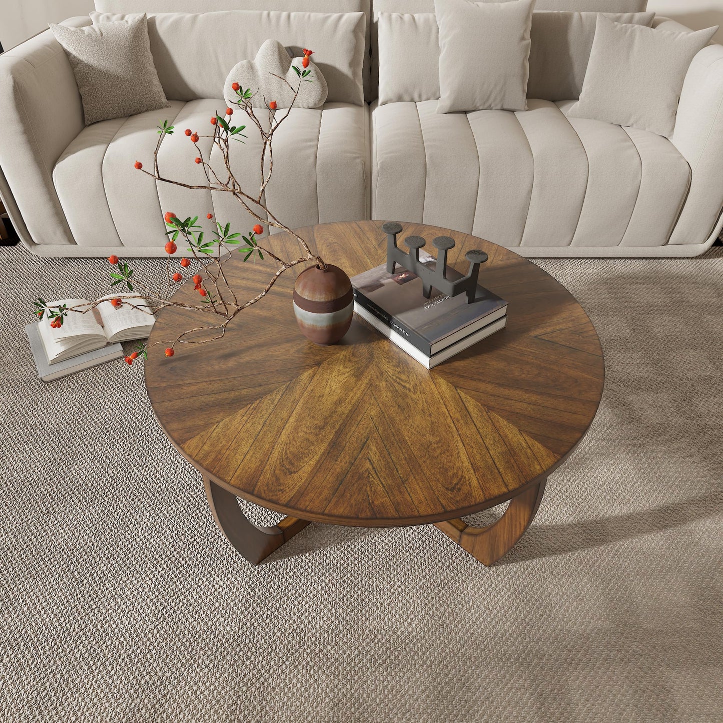 LEEMTORIG Round Wood Coffee Table, Mid Century Modern Round Walnut Coffee Tables for Living Room, 33.5" Dia. Circle Drum Coffee Table with Cross Legs, Easy Assembly, Brown Walnut KFZ-3223