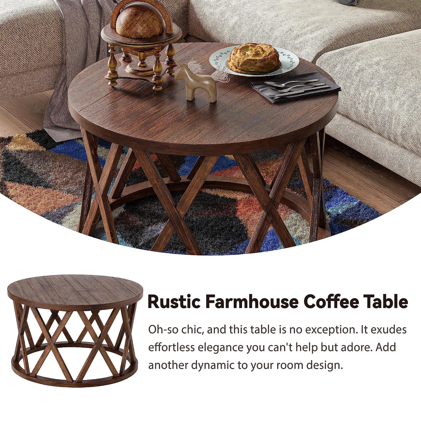 COZAYH Rustic Farmhouse Coffee Table, Round Coffee Table with X-Motifs Legs, Wood Textured Top, for Boho, French Country Decor, Brown