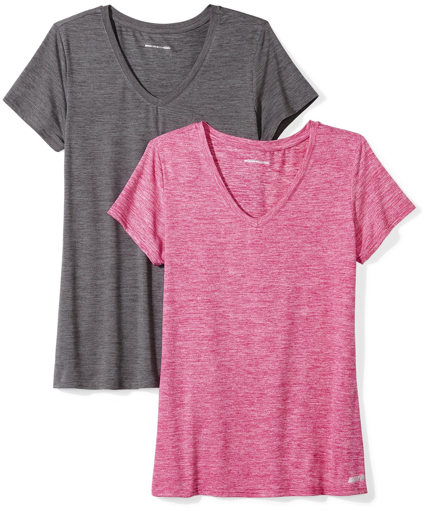 Amazon Essentials Women's Active Quick Dry Tech Stretch Short-Sleeve V-Neck T-Shirt (Available in Plus Size), Pack of 2, Charcoal Heather Space Dye/Raspberry Red Space Dye, Small