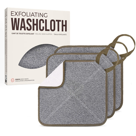 ZOMCHI Exfoliating Washcloth for Face and Body, Dual Function Wash Cloth with Soft and Rough Sides, Exfoliating Scrub Bath Towels, Washcloth with Loop (White, 3 Pack)