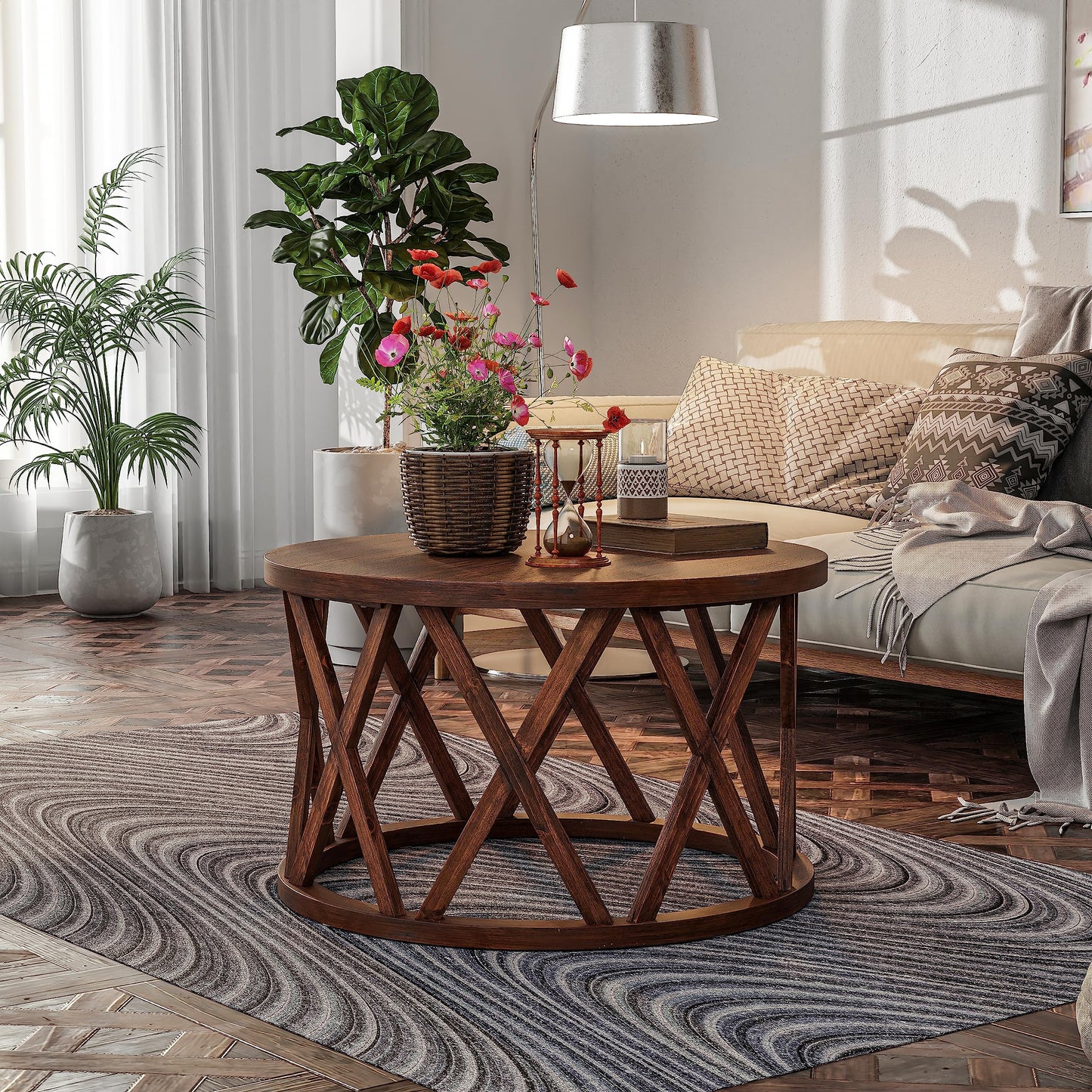 COZAYH Rustic Farmhouse Coffee Table, Round Coffee Table with X-Motifs Legs, Wood Textured Top, for Boho, French Country Decor, Brown